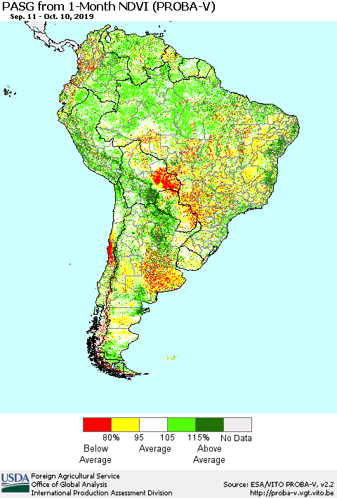 South America PASG from 1-Month NDVI (PROBA-V) Thematic Map For 10/1/2019 - 10/10/2019