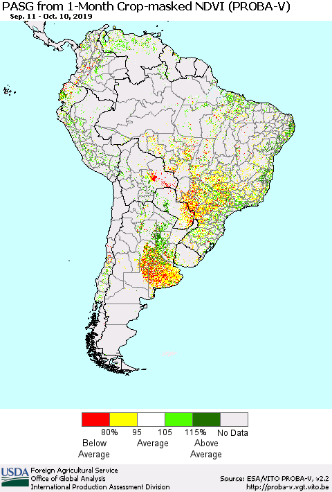 South America PASG from 1-Month Crop-masked NDVI (PROBA-V) Thematic Map For 10/1/2019 - 10/10/2019