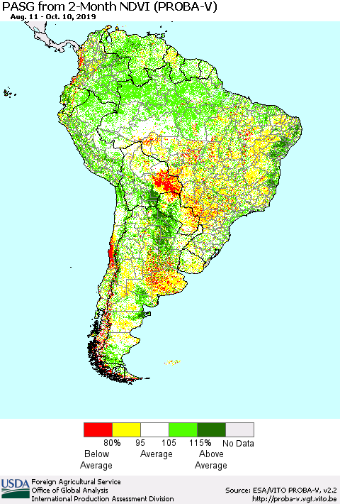 South America PASG from 2-Month NDVI (PROBA-V) Thematic Map For 10/1/2019 - 10/10/2019