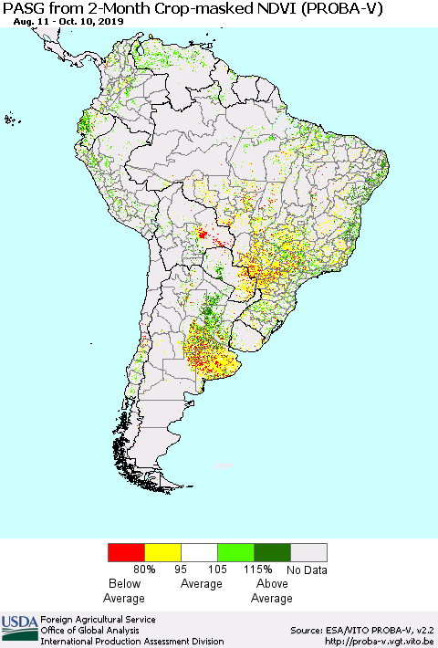 South America PASG from 2-Month Crop-masked NDVI (PROBA-V) Thematic Map For 10/1/2019 - 10/10/2019