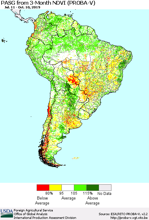 South America PASG from 3-Month NDVI (PROBA-V) Thematic Map For 10/1/2019 - 10/10/2019