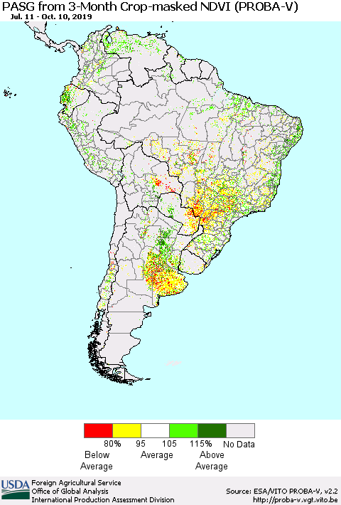 South America PASG from 3-Month Crop-masked NDVI (PROBA-V) Thematic Map For 10/1/2019 - 10/10/2019