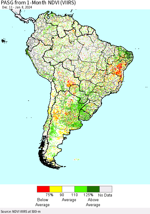 South America PASG from 1-Month NDVI (VIIRS) Thematic Map For 1/1/2024 - 1/8/2024