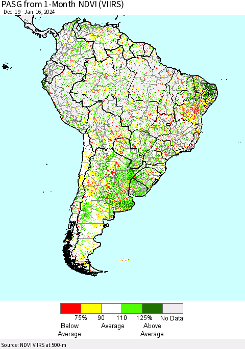 South America PASG from 1-Month NDVI (VIIRS) Thematic Map For 1/9/2024 - 1/16/2024