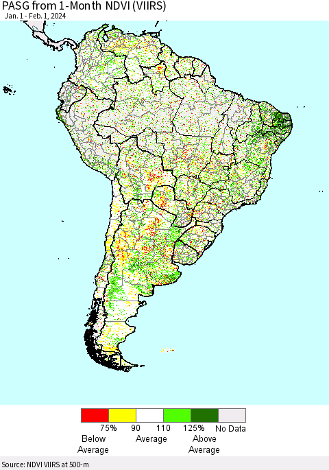 South America PASG from 1-Month NDVI (VIIRS) Thematic Map For 1/25/2024 - 2/1/2024