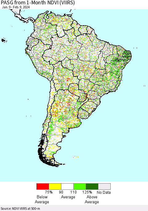 South America PASG from 1-Month NDVI (VIIRS) Thematic Map For 2/2/2024 - 2/9/2024