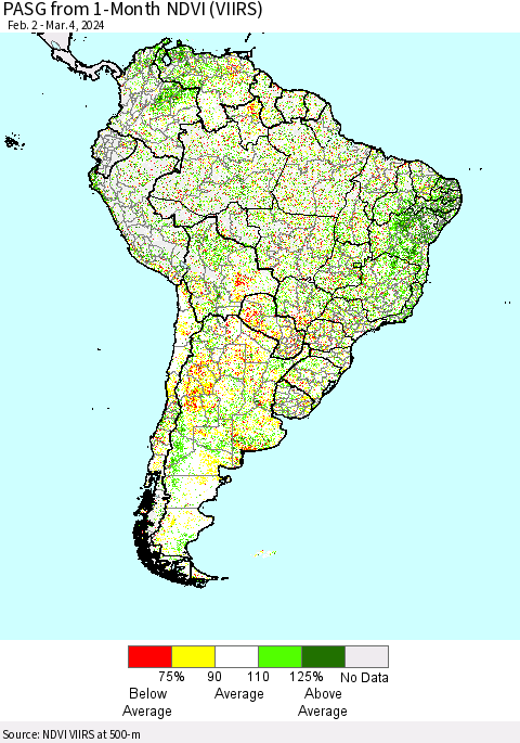 South America PASG from 1-Month NDVI (VIIRS) Thematic Map For 2/26/2024 - 3/4/2024