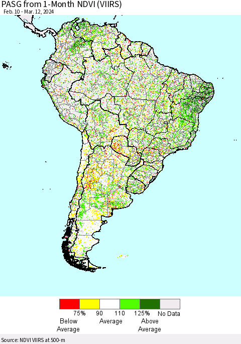 South America PASG from 1-Month NDVI (VIIRS) Thematic Map For 3/5/2024 - 3/12/2024