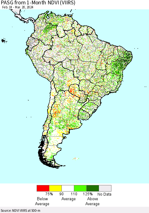 South America PASG from 1-Month NDVI (VIIRS) Thematic Map For 3/13/2024 - 3/20/2024