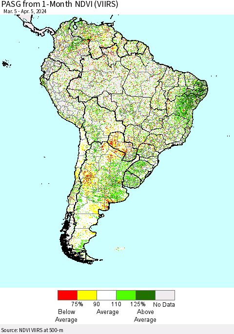 South America PASG from 1-Month NDVI (VIIRS) Thematic Map For 3/29/2024 - 4/5/2024