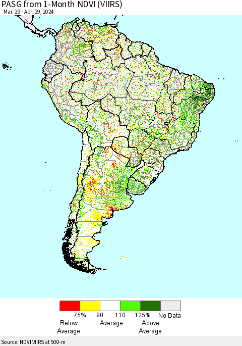 South America PASG from 1-Month NDVI (VIIRS) Thematic Map For 4/22/2024 - 4/29/2024