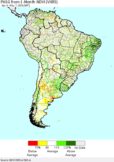 South America PASG from 1-Month NDVI (VIIRS) Thematic Map For 4/30/2024 - 5/7/2024