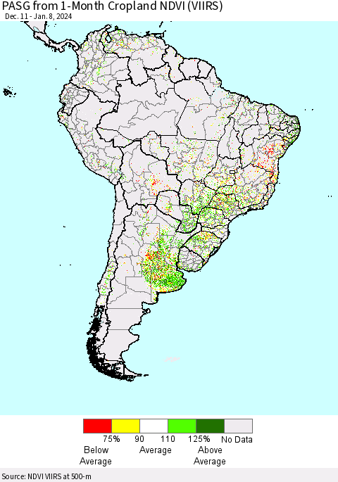 South America PASG from 1-Month Cropland NDVI (VIIRS) Thematic Map For 1/1/2024 - 1/8/2024