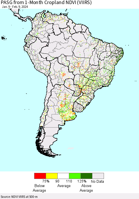 South America PASG from 1-Month Cropland NDVI (VIIRS) Thematic Map For 2/2/2024 - 2/9/2024