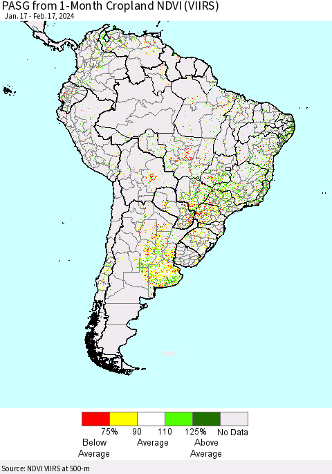South America PASG from 1-Month Cropland NDVI (VIIRS) Thematic Map For 2/10/2024 - 2/17/2024