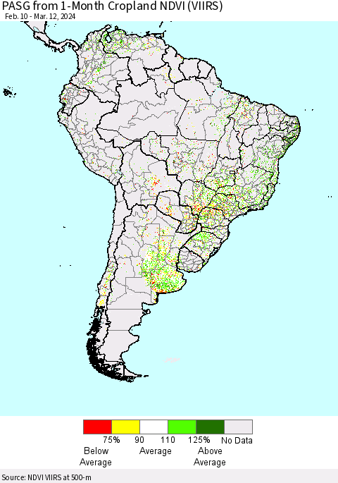 South America PASG from 1-Month Cropland NDVI (VIIRS) Thematic Map For 3/5/2024 - 3/12/2024