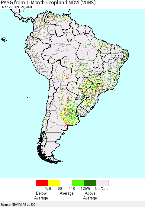 South America PASG from 1-Month Cropland NDVI (VIIRS) Thematic Map For 4/22/2024 - 4/29/2024