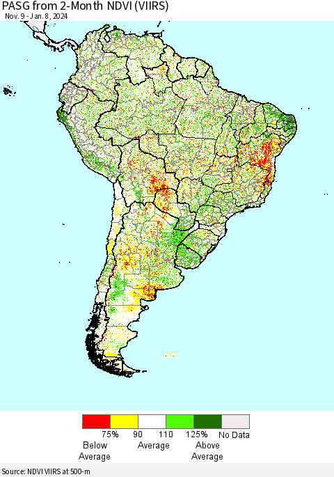 South America PASG from 2-Month NDVI (VIIRS) Thematic Map For 1/1/2024 - 1/8/2024