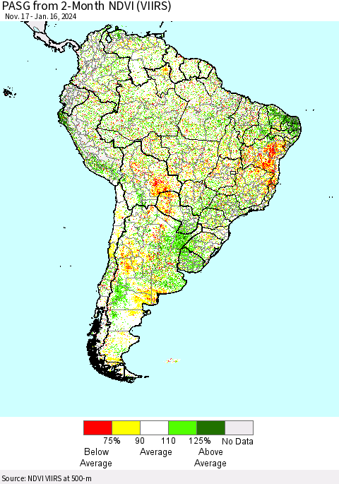 South America PASG from 2-Month NDVI (VIIRS) Thematic Map For 1/9/2024 - 1/16/2024