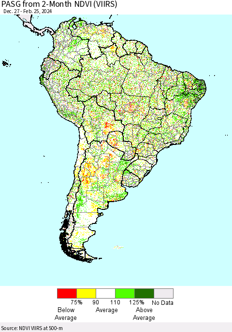 South America PASG from 2-Month NDVI (VIIRS) Thematic Map For 2/18/2024 - 2/25/2024