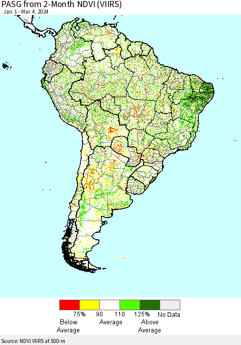 South America PASG from 2-Month NDVI (VIIRS) Thematic Map For 2/26/2024 - 3/4/2024