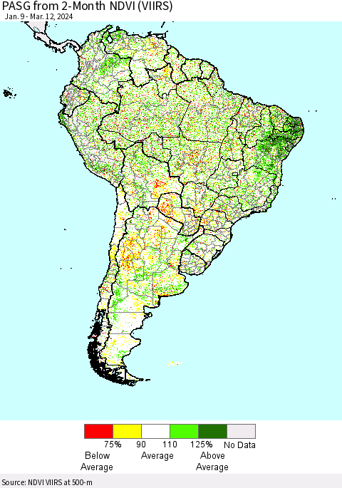South America PASG from 2-Month NDVI (VIIRS) Thematic Map For 3/5/2024 - 3/12/2024
