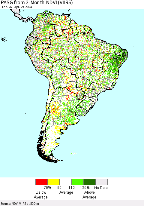 South America PASG from 2-Month NDVI (VIIRS) Thematic Map For 4/22/2024 - 4/29/2024
