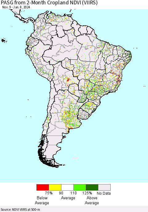 South America PASG from 2-Month Cropland NDVI (VIIRS) Thematic Map For 1/1/2024 - 1/8/2024