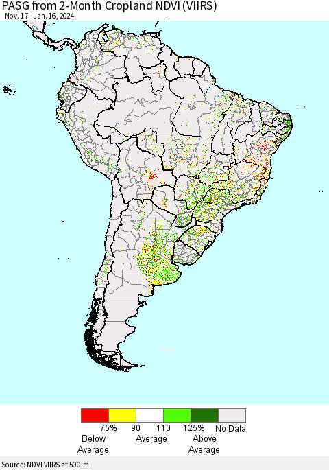 South America PASG from 2-Month Cropland NDVI (VIIRS) Thematic Map For 1/9/2024 - 1/16/2024