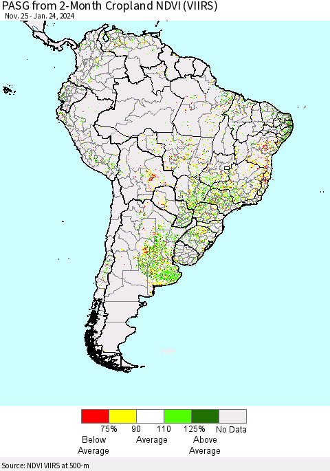 South America PASG from 2-Month Cropland NDVI (VIIRS) Thematic Map For 1/17/2024 - 1/24/2024