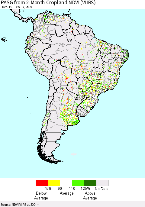 South America PASG from 2-Month Cropland NDVI (VIIRS) Thematic Map For 2/10/2024 - 2/17/2024