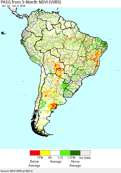 South America PASG from 3-Month NDVI (VIIRS) Thematic Map For 1/1/2024 - 1/8/2024