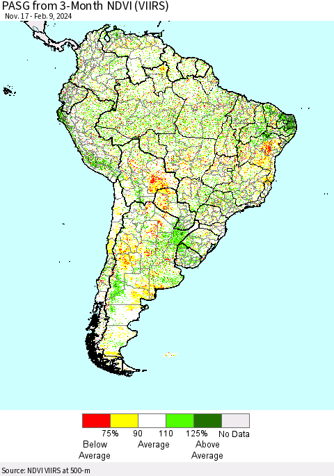 South America PASG from 3-Month NDVI (VIIRS) Thematic Map For 2/2/2024 - 2/9/2024