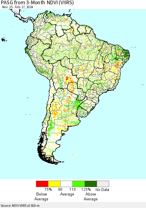 South America PASG from 3-Month NDVI (VIIRS) Thematic Map For 2/10/2024 - 2/17/2024