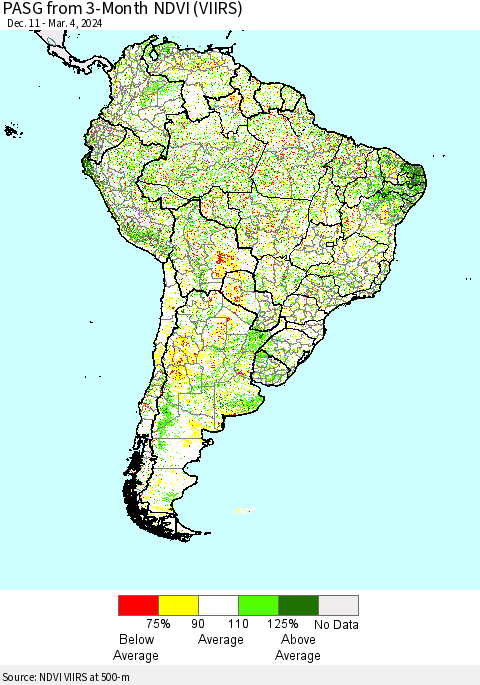 South America PASG from 3-Month NDVI (VIIRS) Thematic Map For 2/26/2024 - 3/4/2024