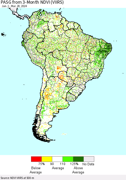 South America PASG from 3-Month NDVI (VIIRS) Thematic Map For 3/21/2024 - 3/28/2024