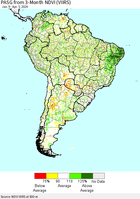South America PASG from 3-Month NDVI (VIIRS) Thematic Map For 3/29/2024 - 4/5/2024