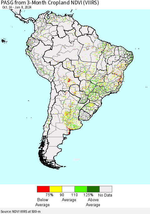 South America PASG from 3-Month Cropland NDVI (VIIRS) Thematic Map For 1/1/2024 - 1/8/2024