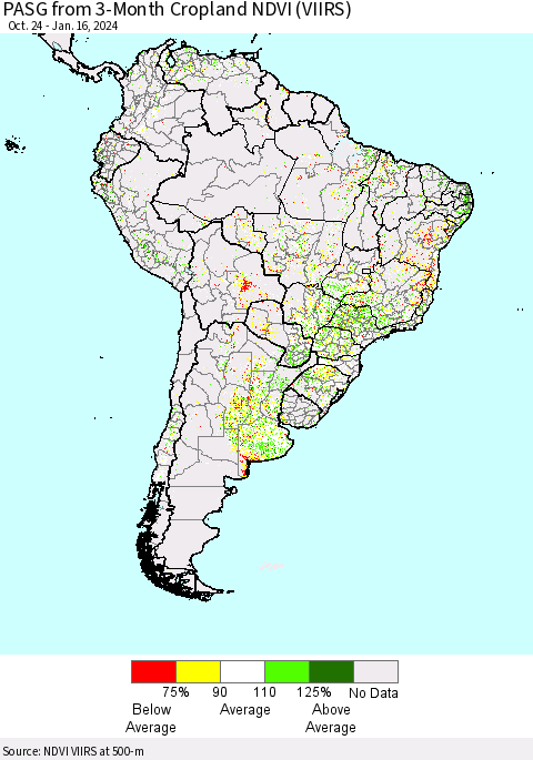 South America PASG from 3-Month Cropland NDVI (VIIRS) Thematic Map For 1/9/2024 - 1/16/2024
