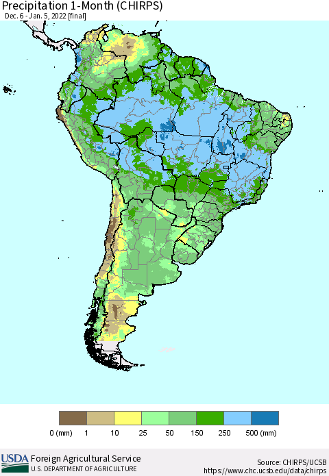 South America Precipitation 1-Month (CHIRPS) Thematic Map For 12/6/2021 - 1/5/2022