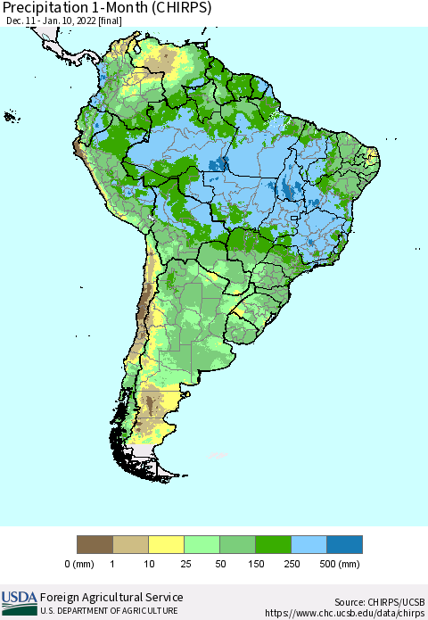 South America Precipitation 1-Month (CHIRPS) Thematic Map For 12/11/2021 - 1/10/2022