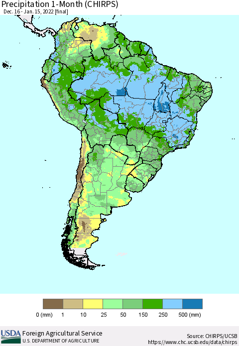 South America Precipitation 1-Month (CHIRPS) Thematic Map For 12/16/2021 - 1/15/2022