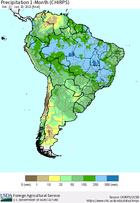 South America Precipitation 1-Month (CHIRPS) Thematic Map For 12/21/2021 - 1/20/2022