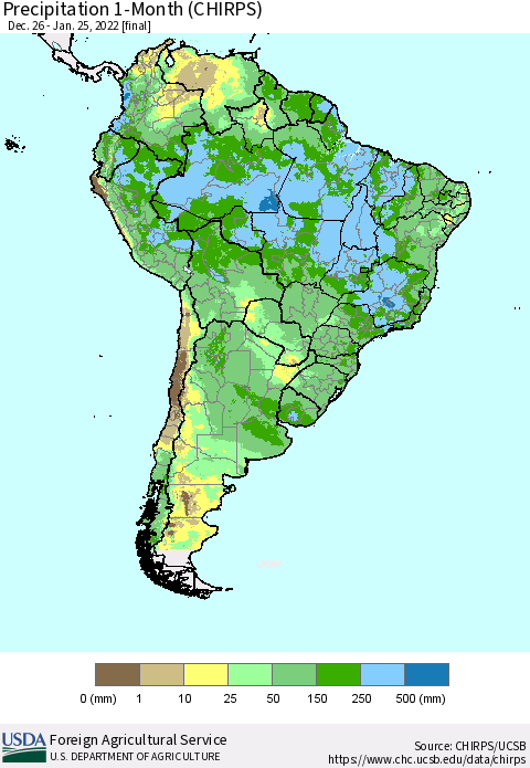 South America Precipitation 1-Month (CHIRPS) Thematic Map For 12/26/2021 - 1/25/2022