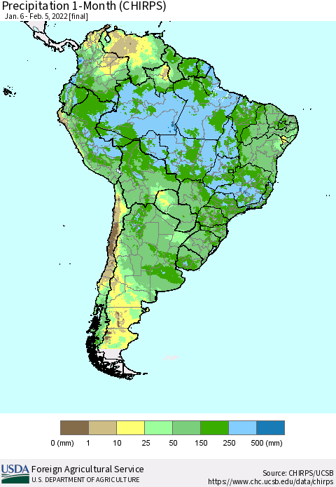 South America Precipitation 1-Month (CHIRPS) Thematic Map For 1/6/2022 - 2/5/2022
