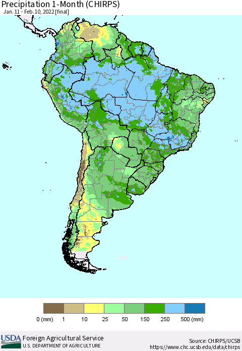 South America Precipitation 1-Month (CHIRPS) Thematic Map For 1/11/2022 - 2/10/2022