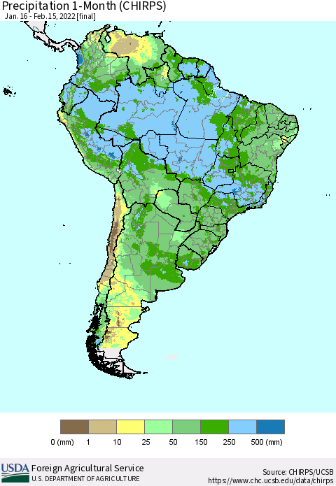 South America Precipitation 1-Month (CHIRPS) Thematic Map For 1/16/2022 - 2/15/2022