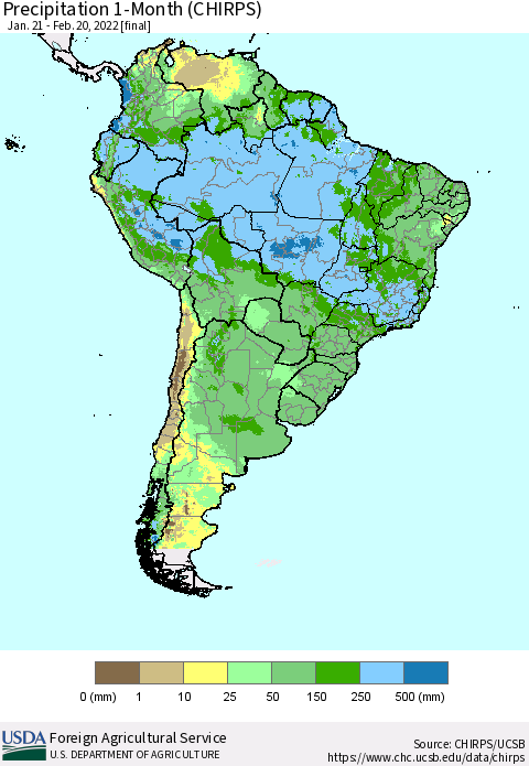 South America Precipitation 1-Month (CHIRPS) Thematic Map For 1/21/2022 - 2/20/2022