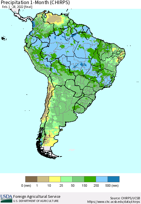 South America Precipitation 1-Month (CHIRPS) Thematic Map For 2/1/2022 - 2/28/2022