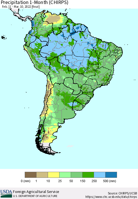 South America Precipitation 1-Month (CHIRPS) Thematic Map For 2/11/2022 - 3/10/2022
